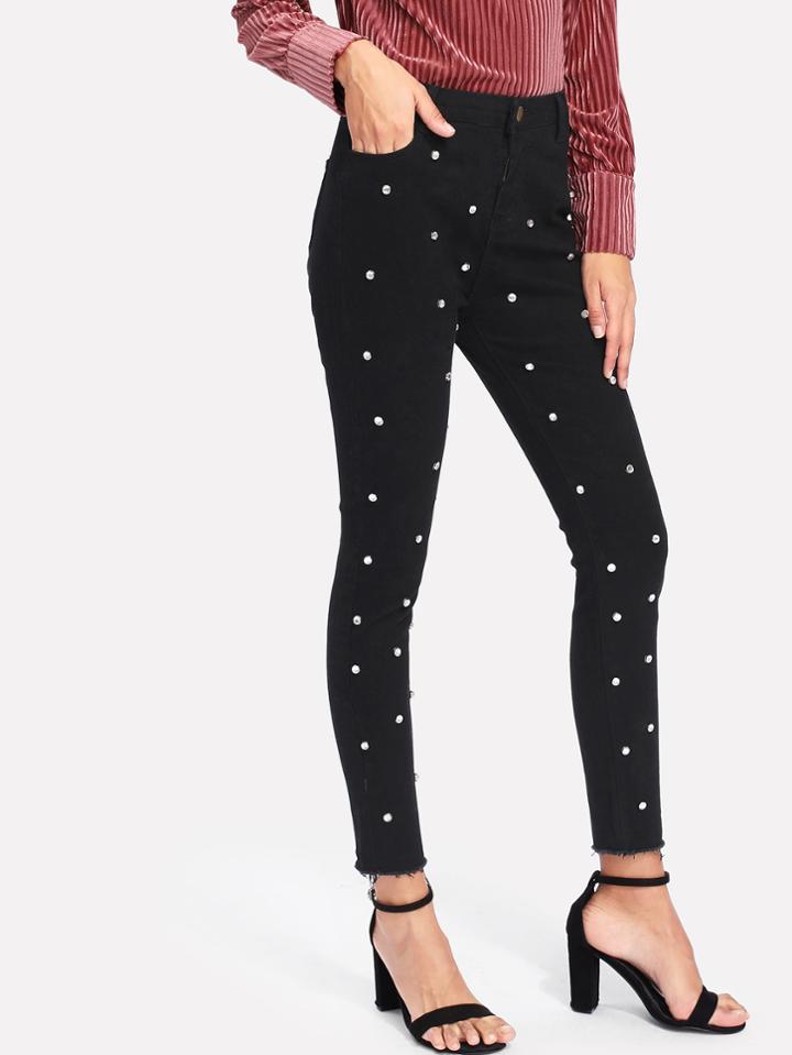 Shein Raw Hem Faux Pearl Decoration Skinny Jeans