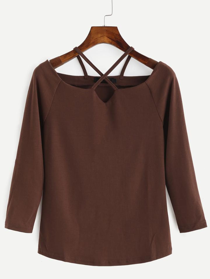Shein Khaki Criss Cross Raglan Sleeve T-shirt