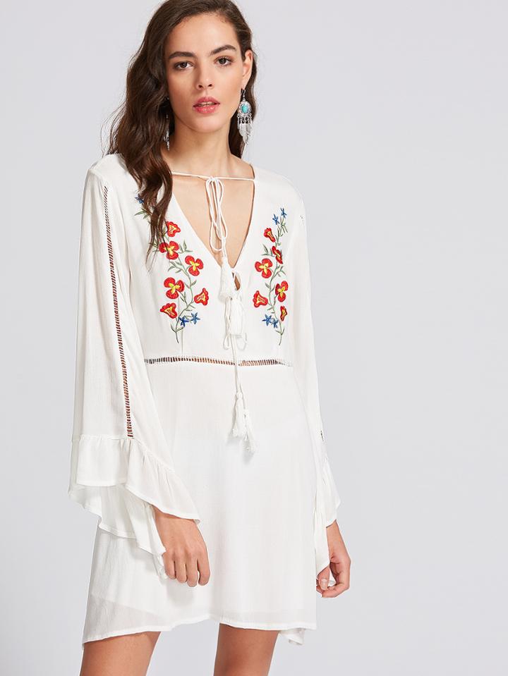 Shein White Deep V Neck Embroidered Tassel Tie Dress