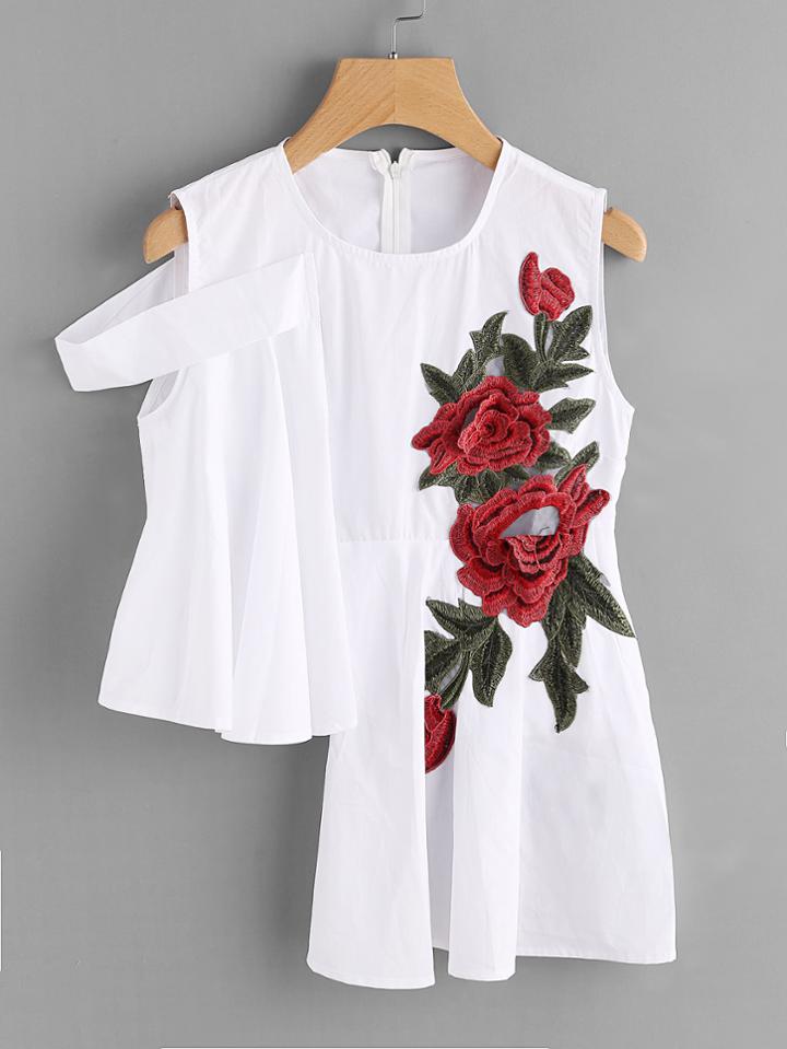 Shein Asymmetrical Hem Flower Embroidery Top