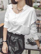 Shein White Long Sleeve Pocket Dip Hem T-shirt