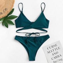 Shein Woven Detail Plain Bikini Set