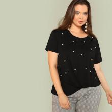 Shein Plus Pearl Beading Twist Hem T-shirt