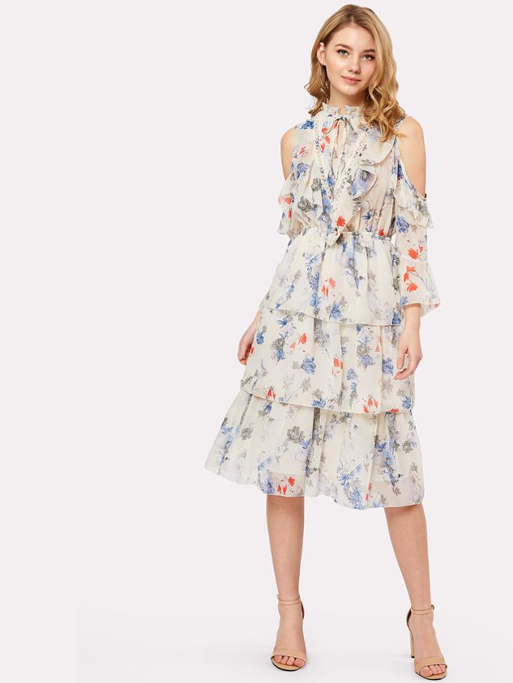 Shein Tie Neck Floral Print Tiered Dress