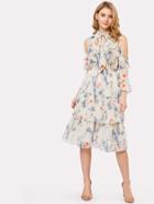 Shein Tie Neck Floral Print Tiered Dress