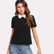 Shein Contrast Collar Pearl Detail Top
