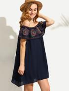 Shein Navy Embroidered Ruffle Off The Shoulder Dress