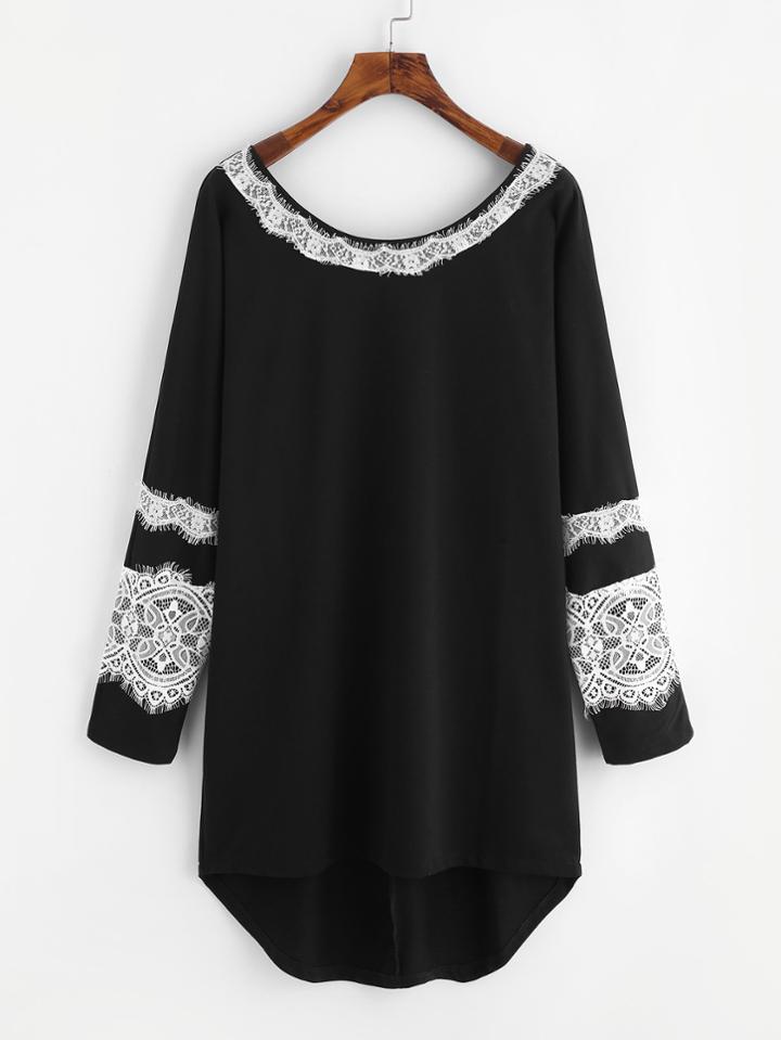 Shein Contrast Lace Applique Longline Tee