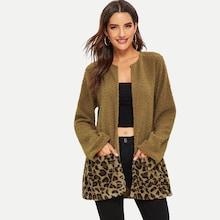 Shein Open Front Leopard Panel Teddy Coat