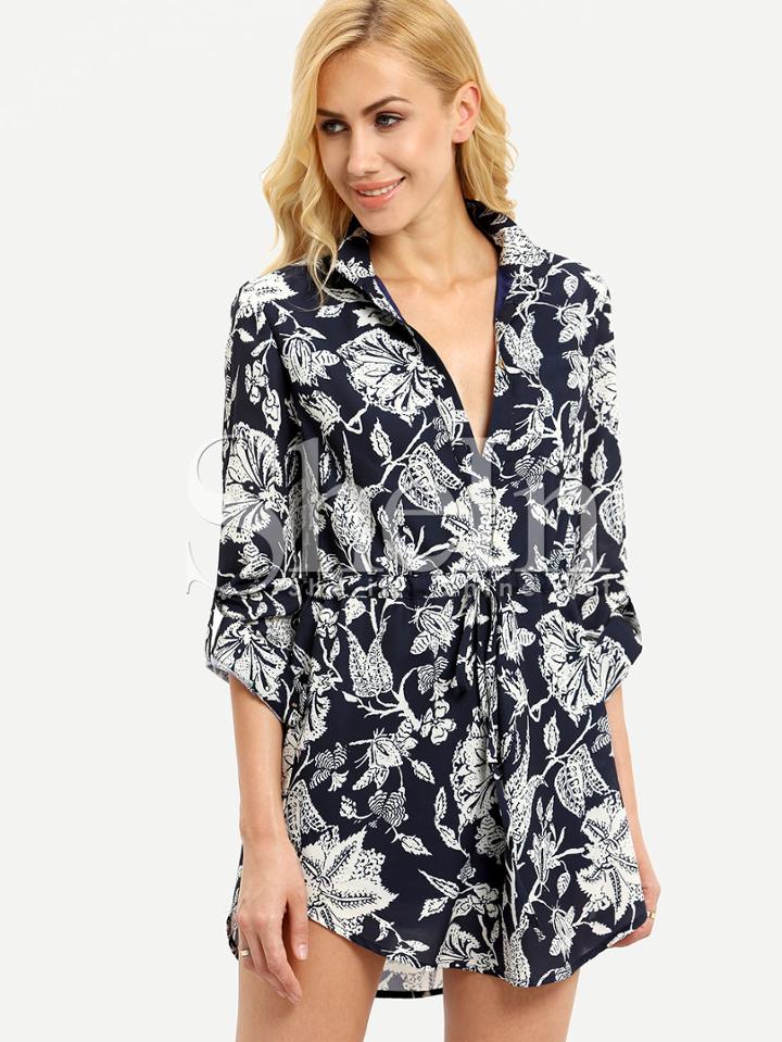 Shein Navy Drawstring Waist Folk Print Dress