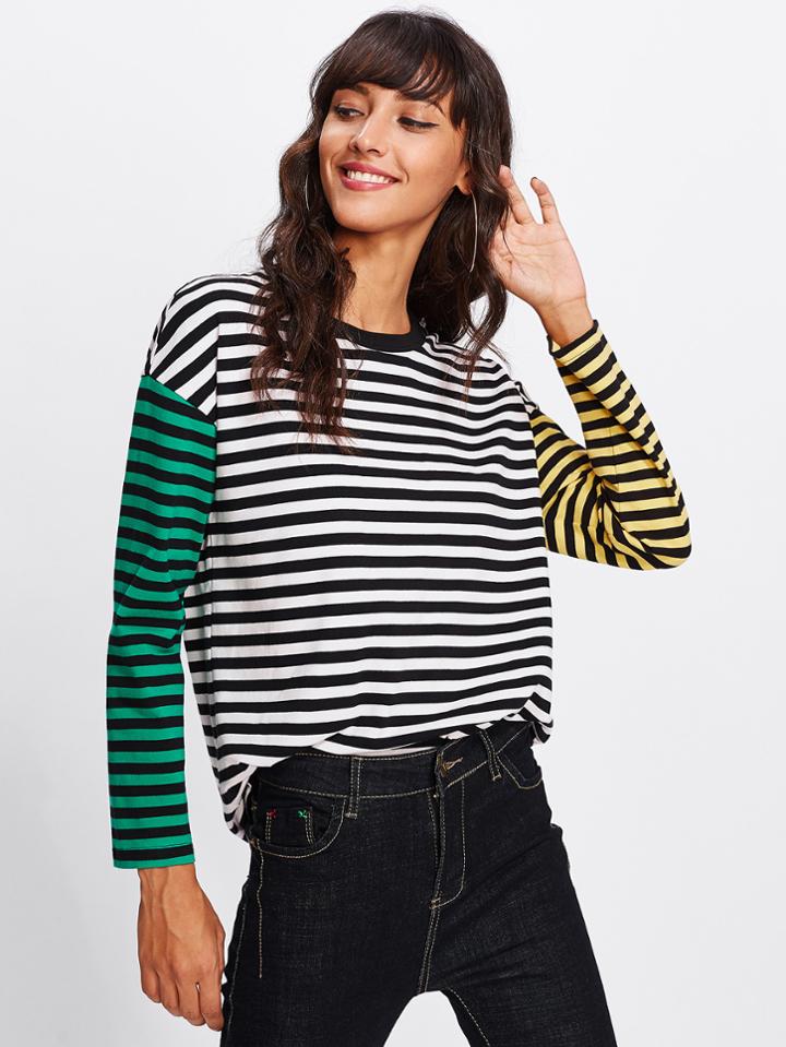 Shein Drop Shoulder Two Tone Sleeve Striped Tee