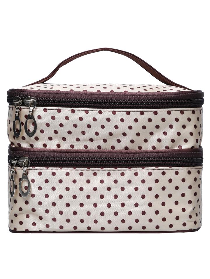 Shein Beige Polka Dot Double Layers Cosmetic Bag