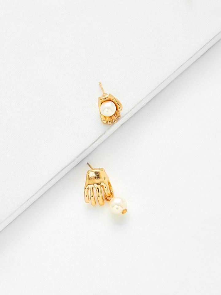 Shein Faux Pearl & Palm Design Mismatch Earrings