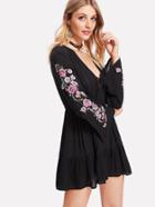 Shein Embroidery Sleeve Lace Up Plunge Dress