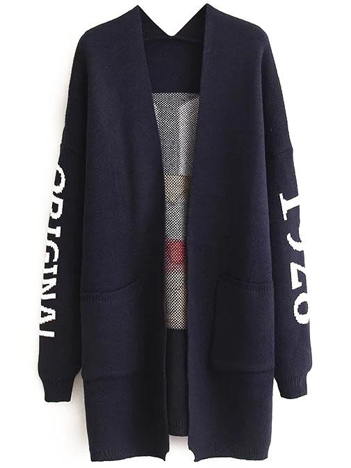 Shein Navy Monkey Pattern Drop Shoulder Long Cardigan With Pockets