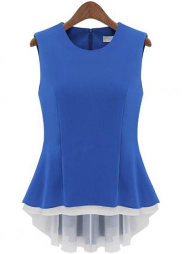 Rosewe European Style Sleeveless High Low Blue T Shirt
