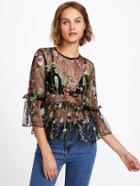 Shein Frilled Trumpet Sleeve Tiered Botanical Mesh Top