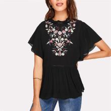 Shein Botanical Embroidered Ruffle Trim Smock Top