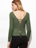 Shein Army Green Double V Neck Lace Up Back Sweater