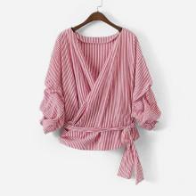 Shein Contrast Stripe Billow Sleeve Wrap Blouse