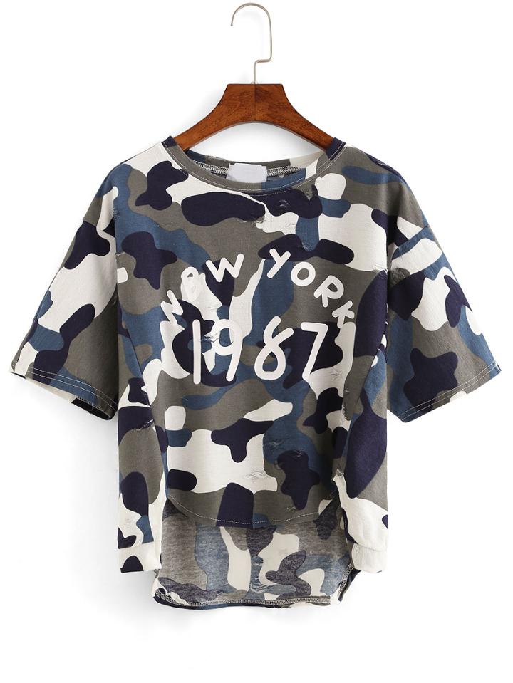 Shein Letter Print High-low Camouflage T-shirt - Olive Green