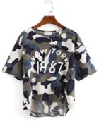 Shein Letter Print High-low Camouflage T-shirt - Olive Green