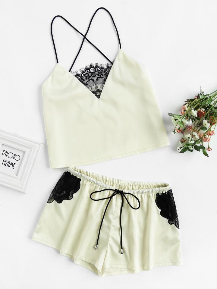Shein Lace Panel Crisscross Cami And Shorts Pajama Set