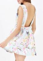 Rosewe European Style Round Neck Open Back Floral Skater Dress