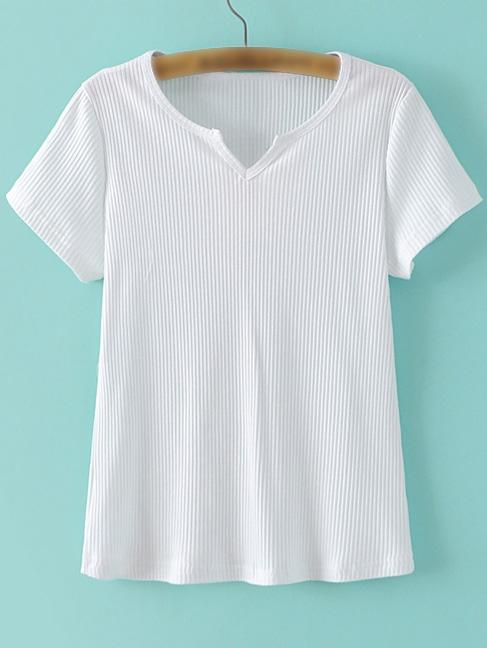 Shein White V Neck Short Sleeve Rib T-shirt