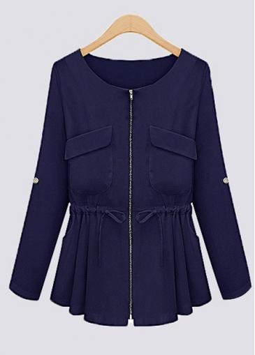Rosewe Mature Long Sleeve Navy Drawstring Coats With Zipper