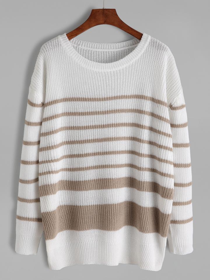 Shein White Asymmetric Stripe Drop Shoulder Sweater