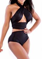 Rosewe Charming Solid Black Open Back Halter Swimwear For Lady