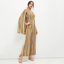 Shein Surplice Neck Cloak Sleeve Wide Leg Striped Jumpsuit