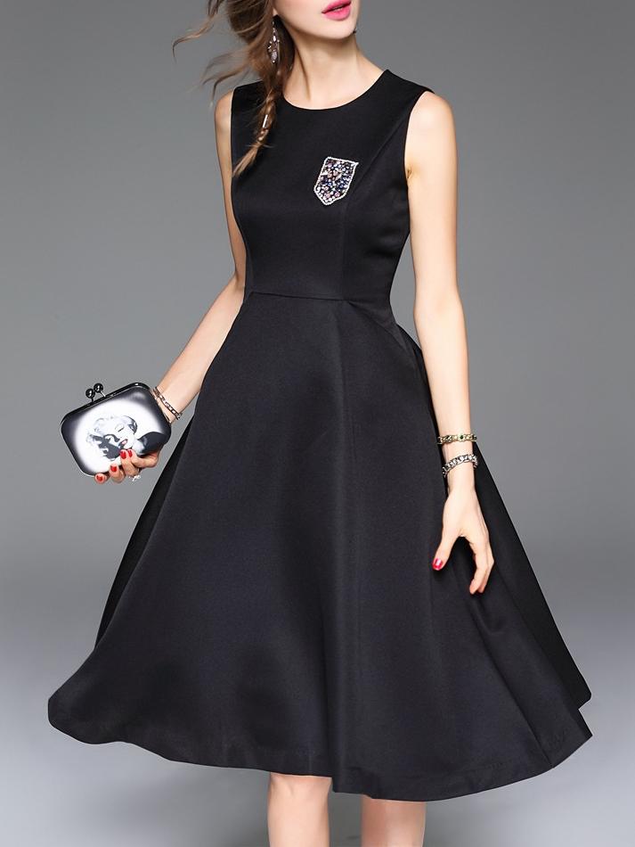 Shein Black Crew Neck Beading A-line Dress