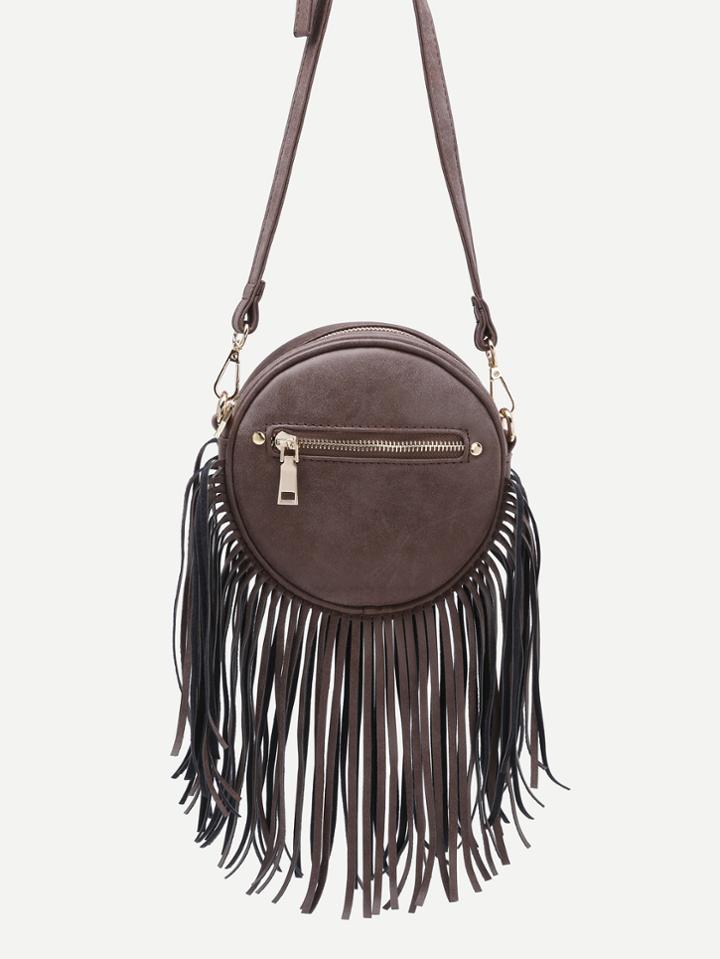 Shein Brown Fringe Zip Pockets Round Crossbody Bag