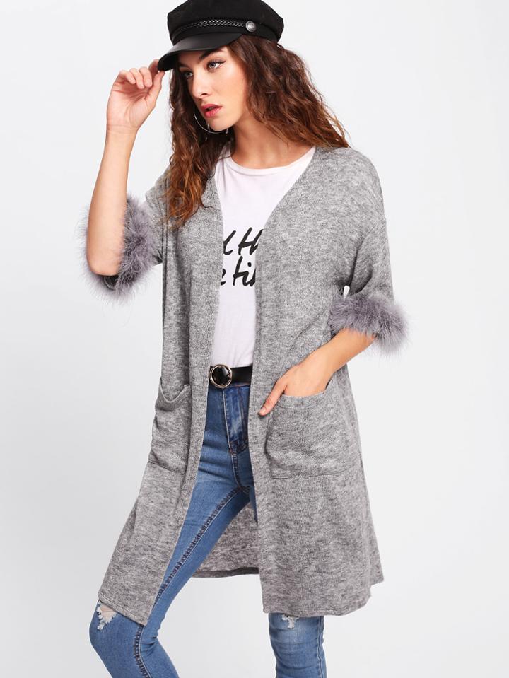 Shein Contrast Faux Fur Cuff Marled Knit Coat