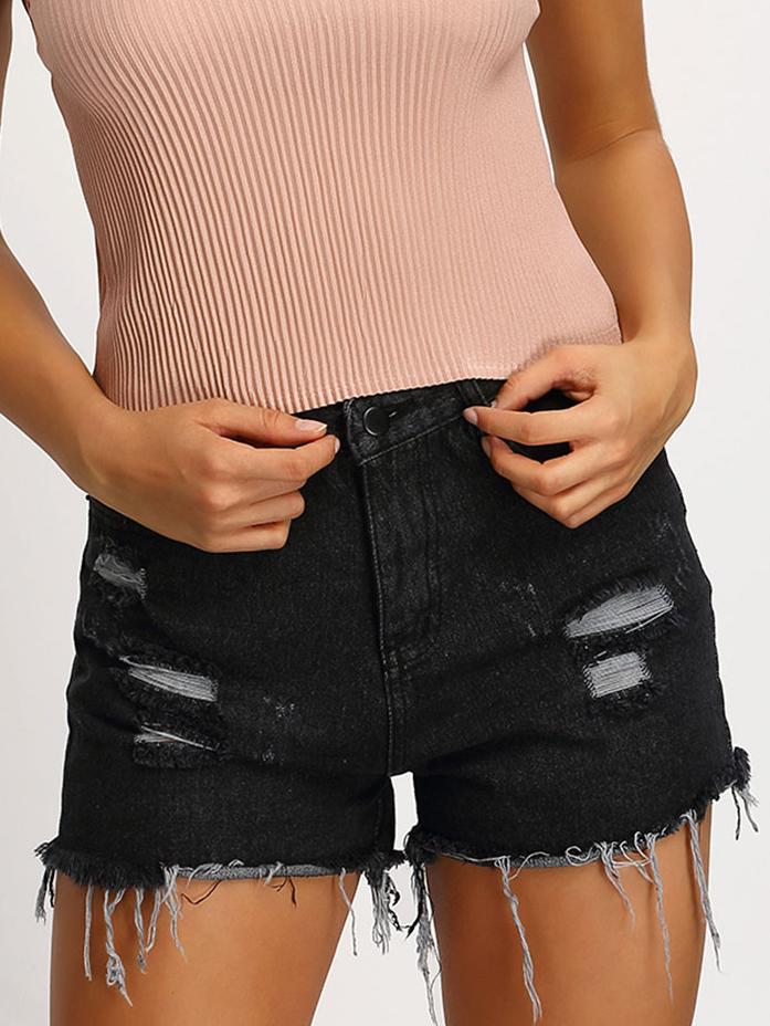 Shein Black Frayed Ripped Denim Shorts