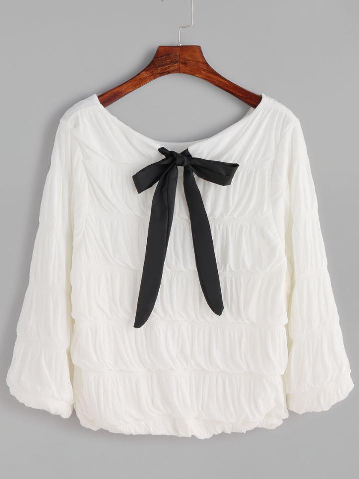 Shein White Bow Tie Neck Crinkle Top