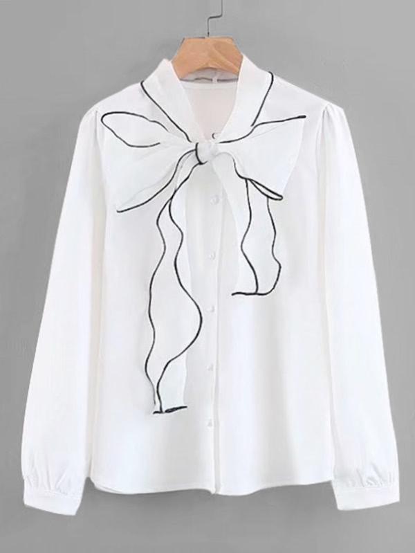 Shein Contrast Piping Bow Tie Neck Blouse
