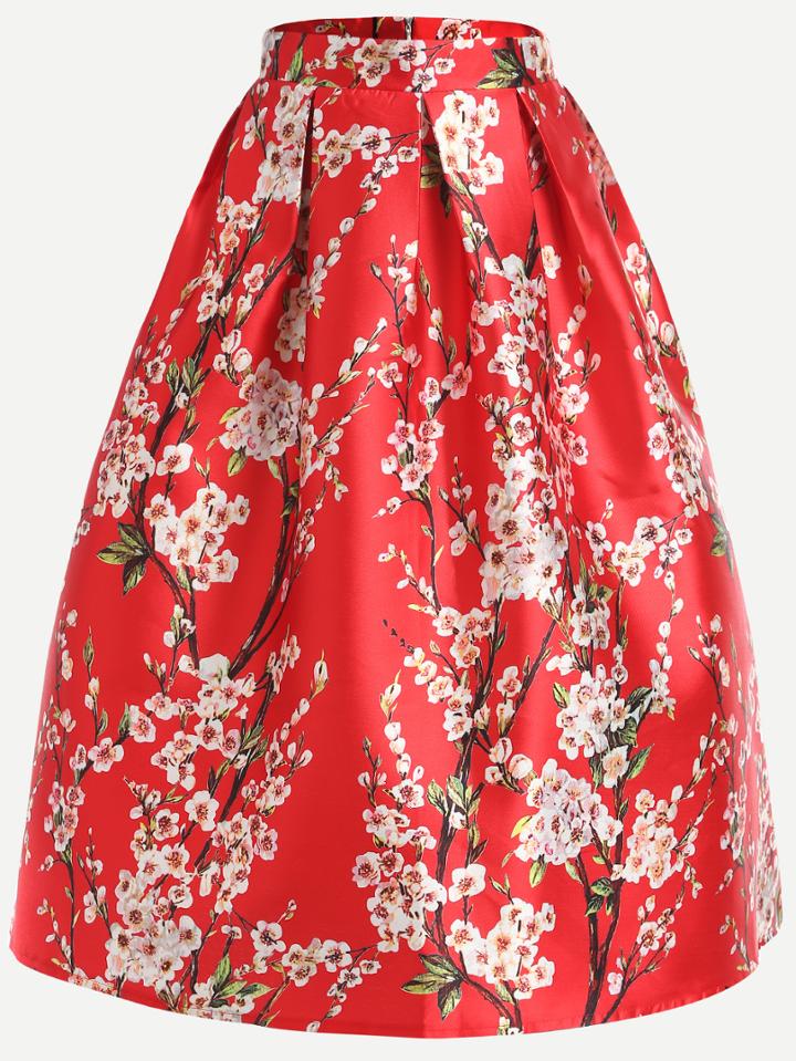 Shein Red Cherry Blossom Print Box Pleated Skirt