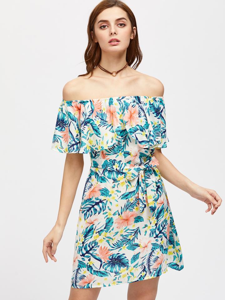 Shein Flounce Layered Neckline Florals Dress With Belt