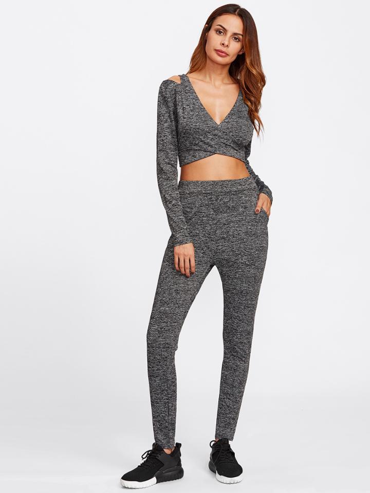 Shein Open Shoulder Cross Front Crop Top With Skinny Pants