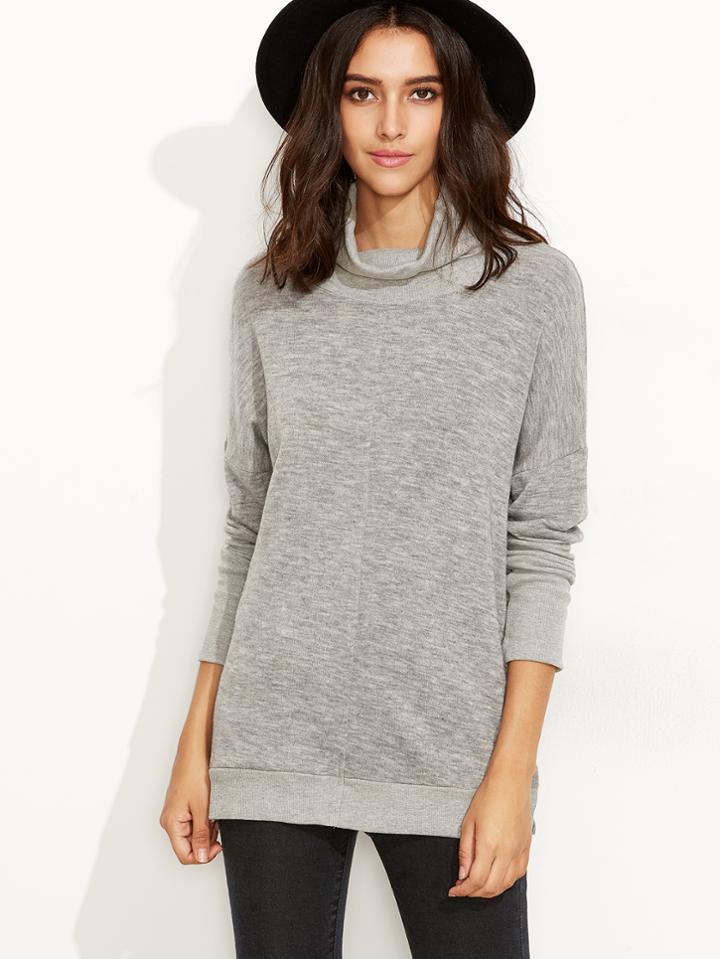 Shein Grey Plain Funnel Neck Hem Slit Sweater