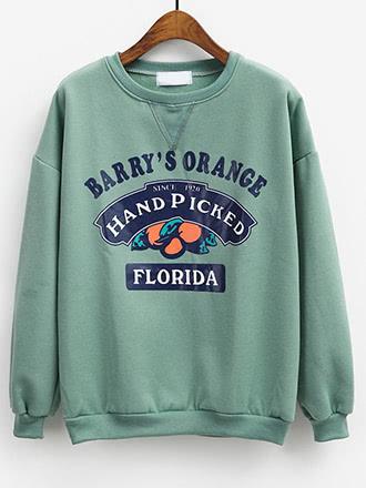 Shein Orange Print Loose Green Sweatshirt