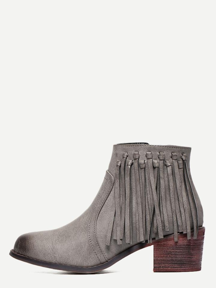 Shein Grey Pu Tassel Cork Heeled Ankle Boots