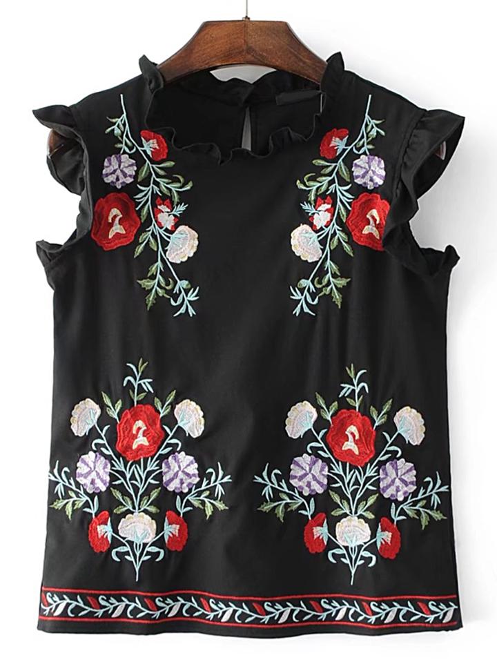 Shein Frill Trim Embroidery Sleeveless Top