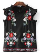 Shein Frill Trim Embroidery Sleeveless Top
