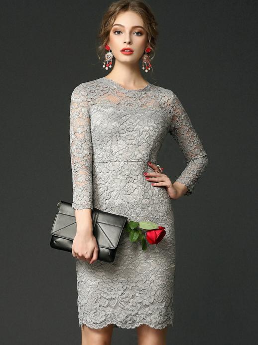 Shein Grey Round Neck Long Sleeve Lace Dress