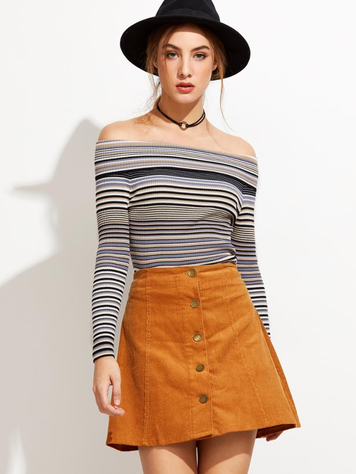 Shein Multi Striped Off The Shoulder Foldover Sweater