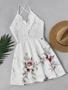 Shein Floral Print Lace Panel Criss Cross Back Dress